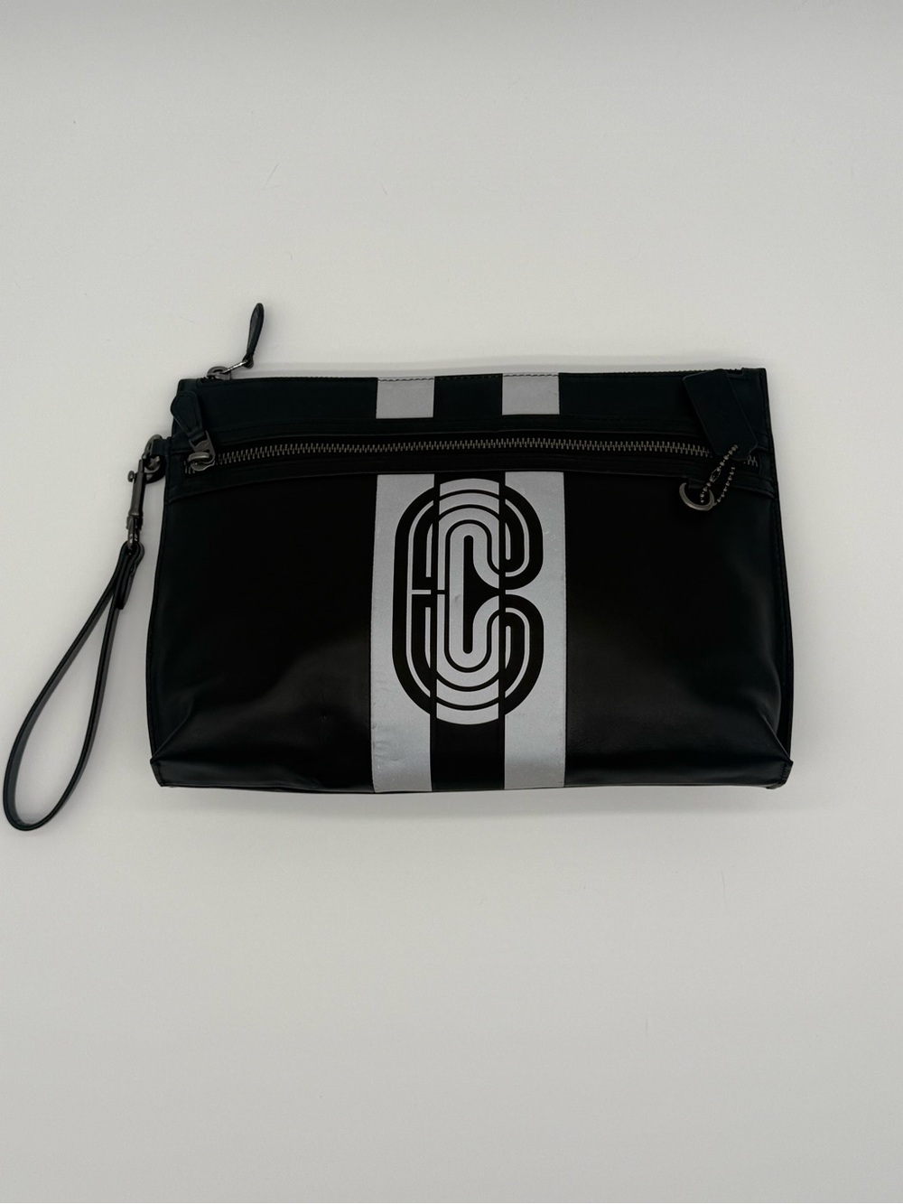 Coach Black Silver Graphic Leather Large Wristlet Clutch F0980-97572